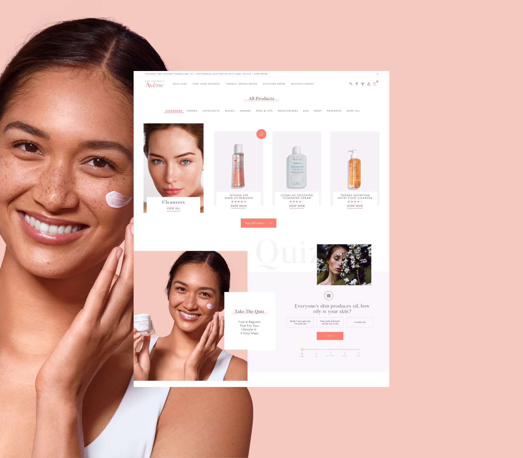 Smiling woman with freckles applying cream to her cheek, overlaid with a skincare website displaying Avène cleansers and a skin quiz.