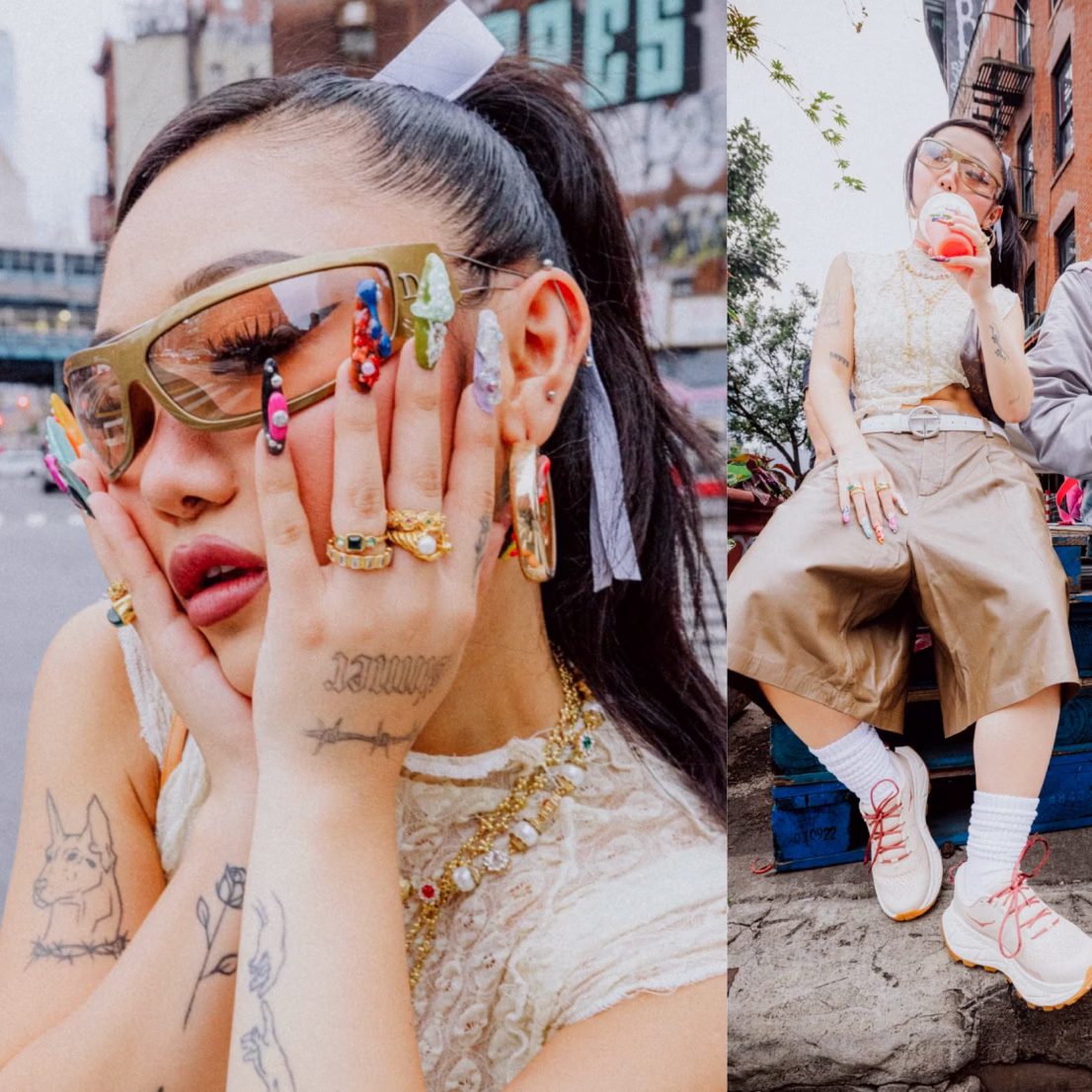 Fashion influencer Jess Xu with colorful 3D nail art, multiple rings, tattoos, and gold sunglasses posing outdoors and sitting casually drinking from a cup.