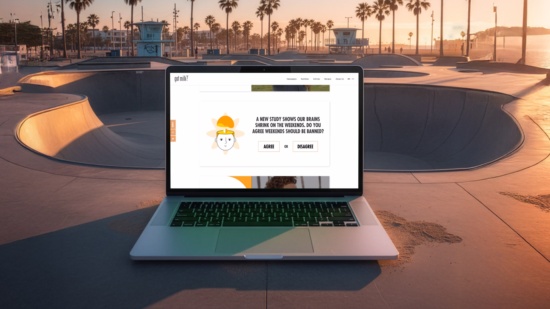 Laptop on concrete at a skate park during sunset displaying a webpage with a study question about weekends and brain shrinkage.