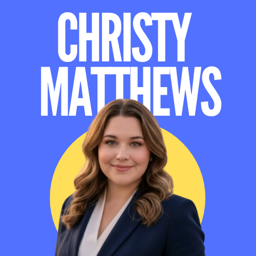 headshot of Christy on blue background with name behind