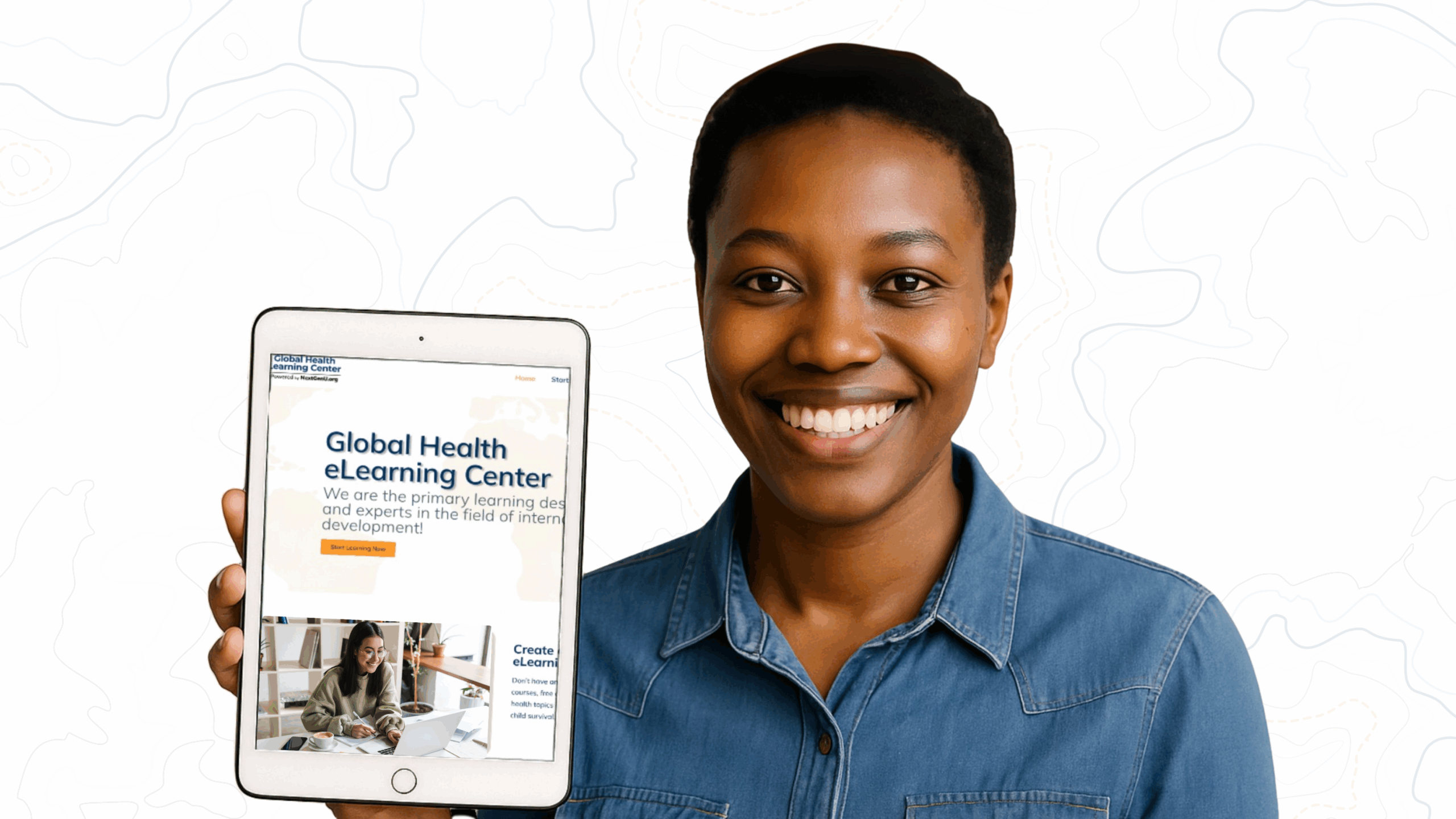 A woman holds a tablet displaying the "Global Health eLearning Center" website, smiling at the camera.