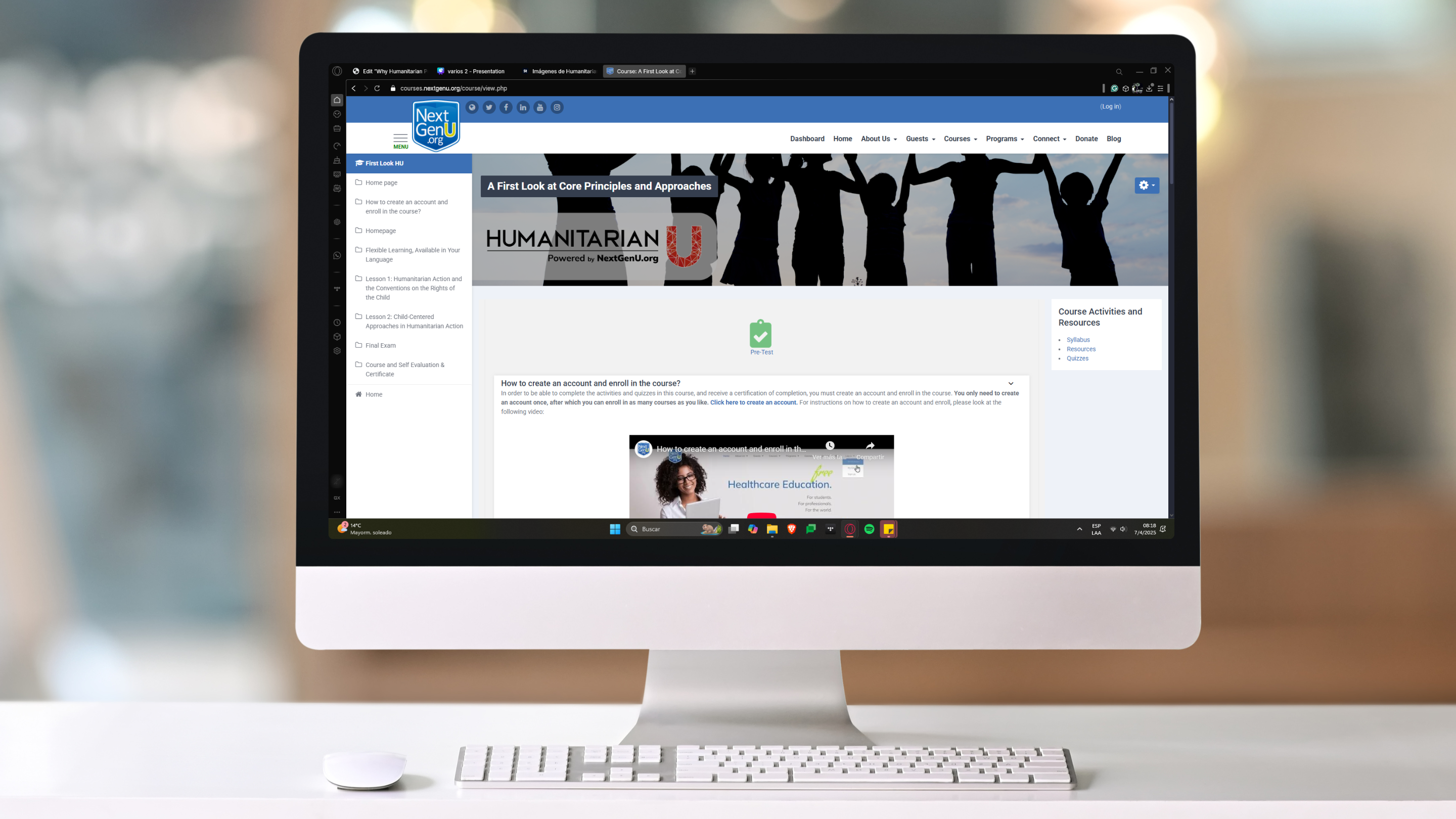 A computer screen displays an online course about core humanitarian principles and approaches by NextGenU.org.
