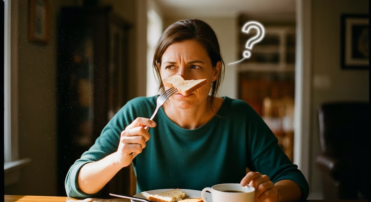Woman holding a sandwich with a fork near her nose and looking confused, with a question mark above her head.