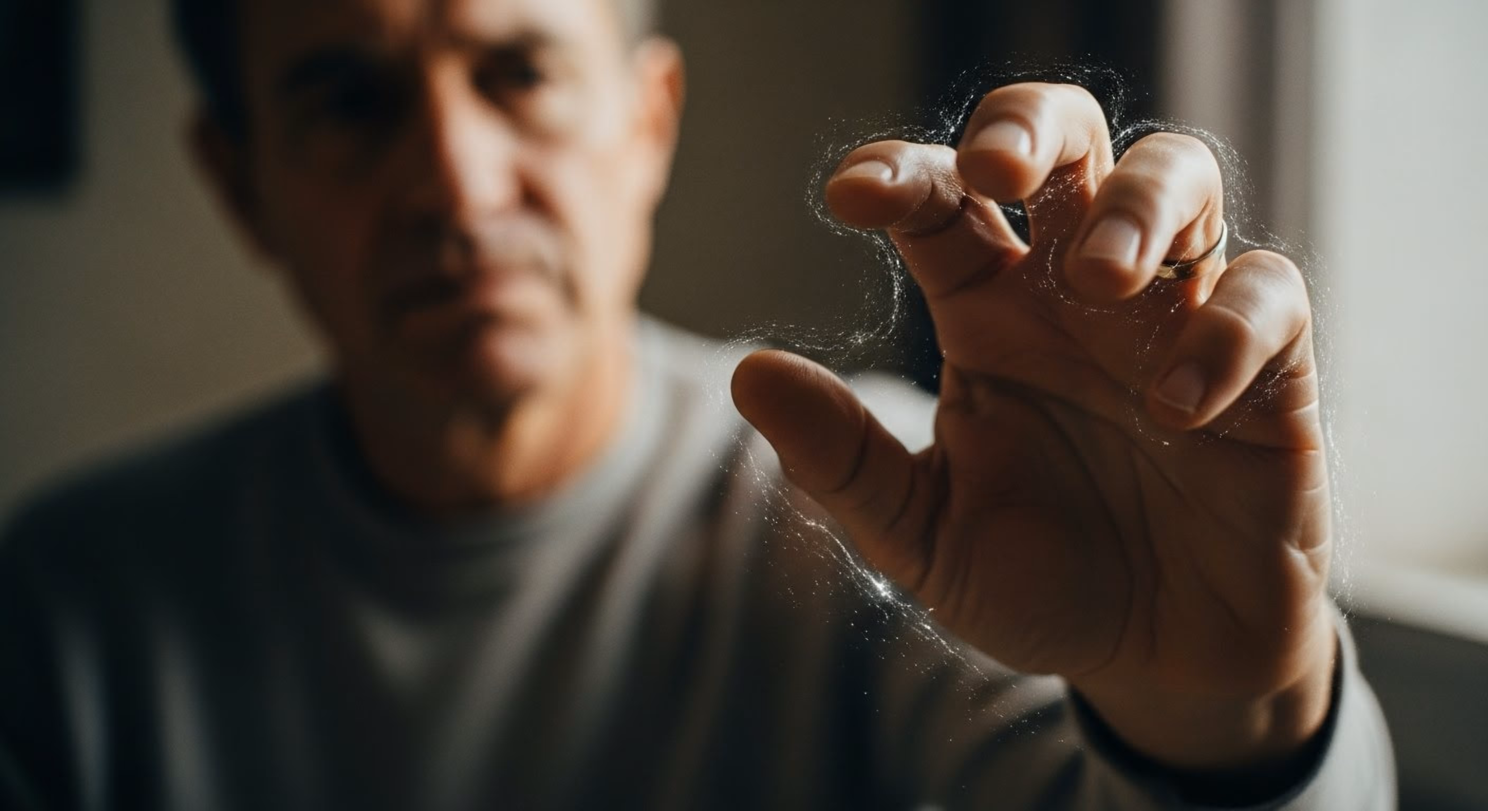 Blurred man with an outstretched hand showing faint glowing nerve-like lines around fingers.