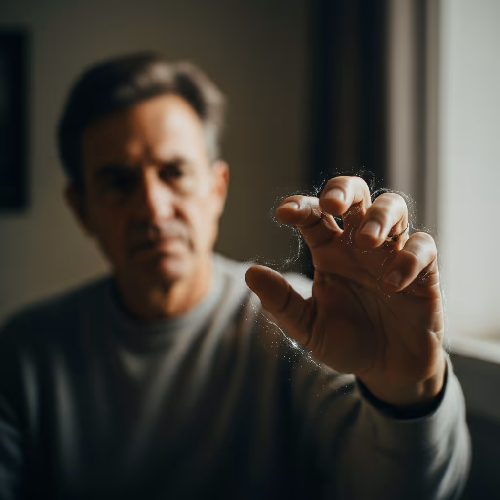 Middle-aged man in gray shirt with hand extended toward the camera, showing slight trembling.