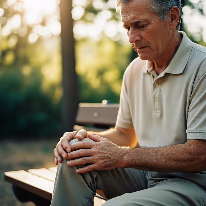 Older man sitting on a bench outdoors, holding his knee with a concerned expression.