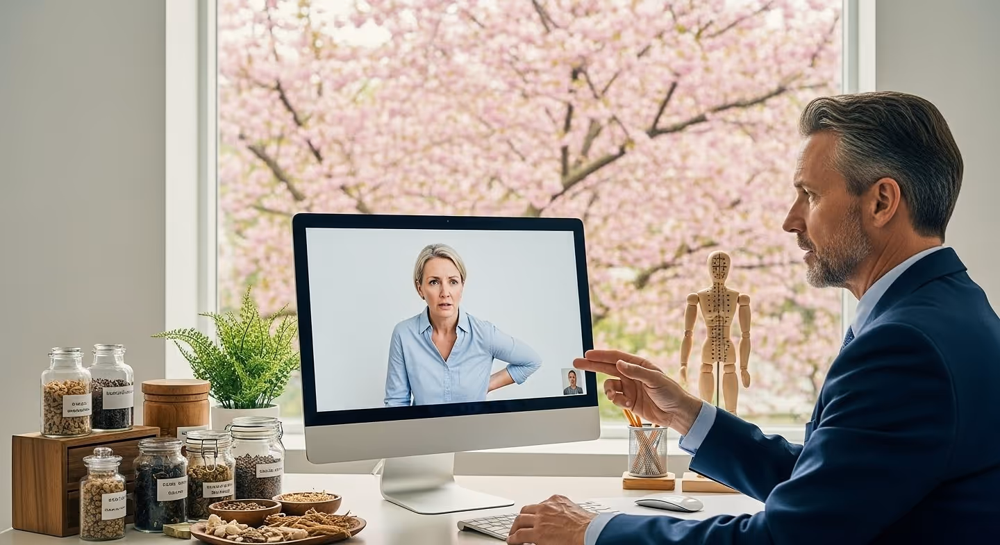 Man in a suit consulting a woman with back pain via video call on a desktop computer in a bright room with plants and jars.