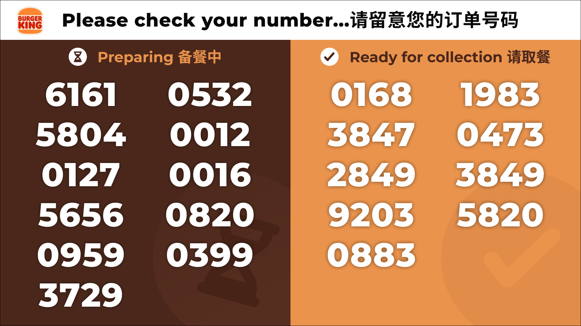 Burger King order number board with two sections: Preparing numbers on a brown background and Ready for collection numbers on an orange background, with text in English and Chinese.
