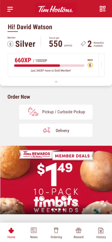 Tim Hortons mobile app screen showing Silver membership with 550 points, 2 rewards available, order options for curbside pickup and delivery, and a promotion for a $1.49 10-pack Timbits deal.