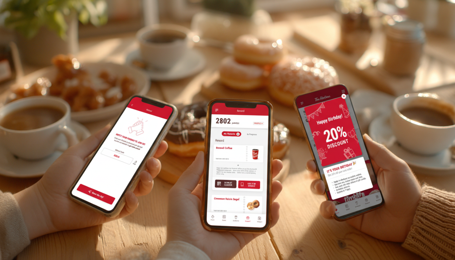 Three hands holding smartphones displaying a coffee shop app with rewards and a 20% birthday discount, donuts and coffee cups in the background.