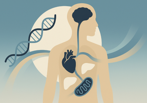 Illustration of a human body silhouette with brain, heart, and stomach highlighted, alongside a DNA double helix.