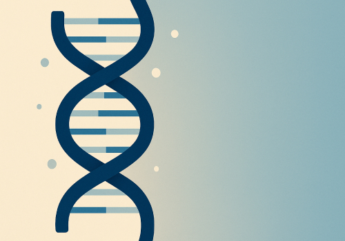 Stylized blue DNA double helix on a gradient background with scattered circular dots.