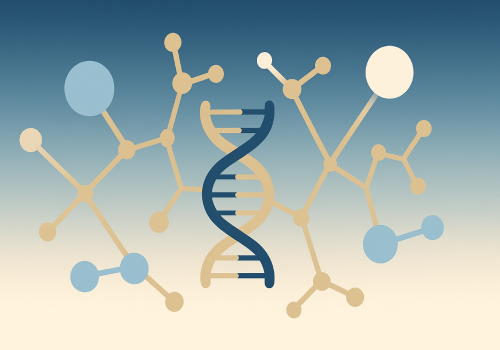 Stylized DNA double helix in dark blue and beige overlaid on abstract molecular network with beige and blue nodes connected by lines on gradient background.