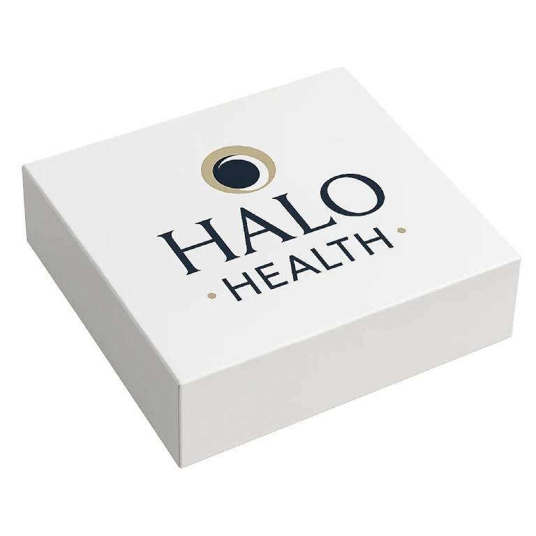 White square box with the logo and text 'HALO HEALTH' on the top surface.
