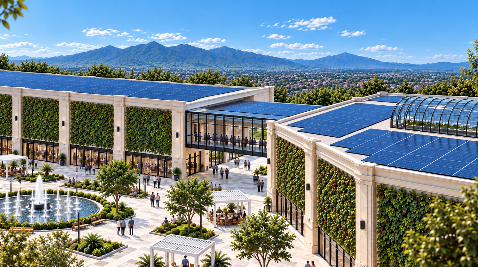 Modern outdoor plaza with two large buildings featuring green plant walls and roofs covered with solar panels, people walking and sitting around benches and fountains, surrounded by trees and shrubs, with mountains and a clear blue sky in the background.