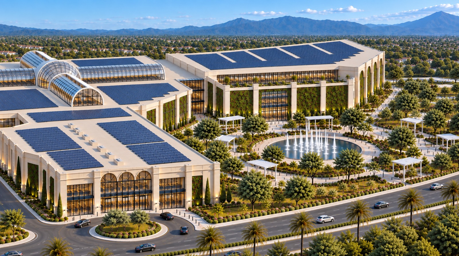 Aerial view of a modern large building complex with solar panels on flat roofs, surrounded by landscaped gardens with trees, a circular water fountain, and walkways, with cars on the surrounding road and mountains under a blue sky in the background.