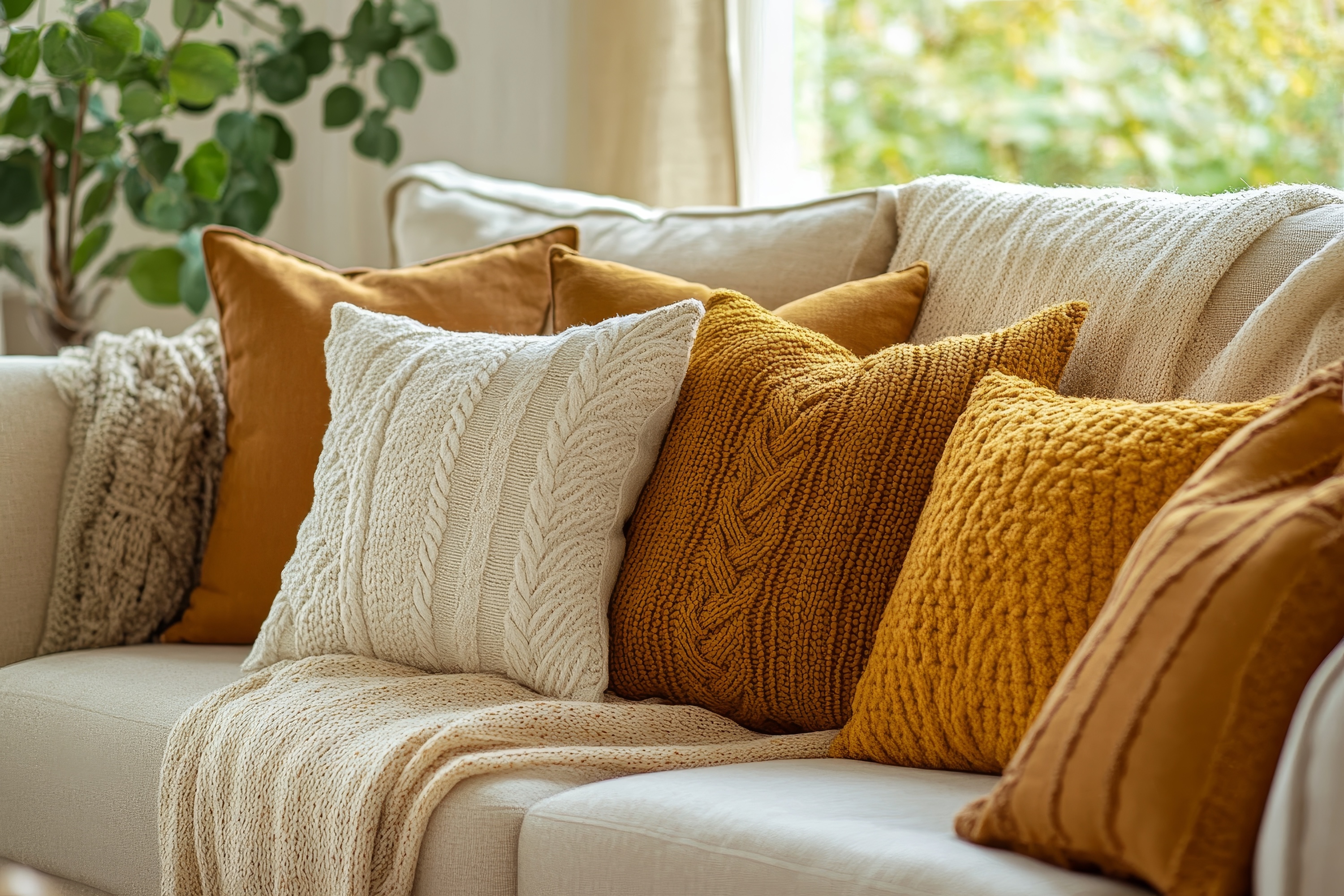 Hand-crafted throw pillows with knitted and woven covers in warm mustard and cream tones, made in a sustainable cut-and-sew home textile factory.