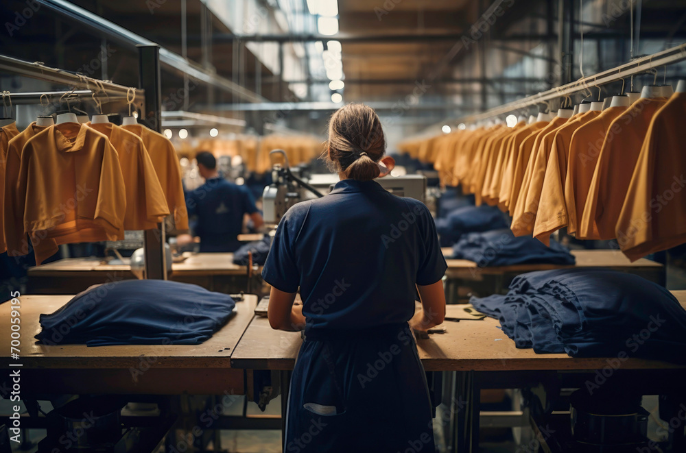 Cut-and-sew factory materials including fabric rolls, thread spools, and tailoring scissors on a worktable, representing textile manufacturing and fabric sourcing.