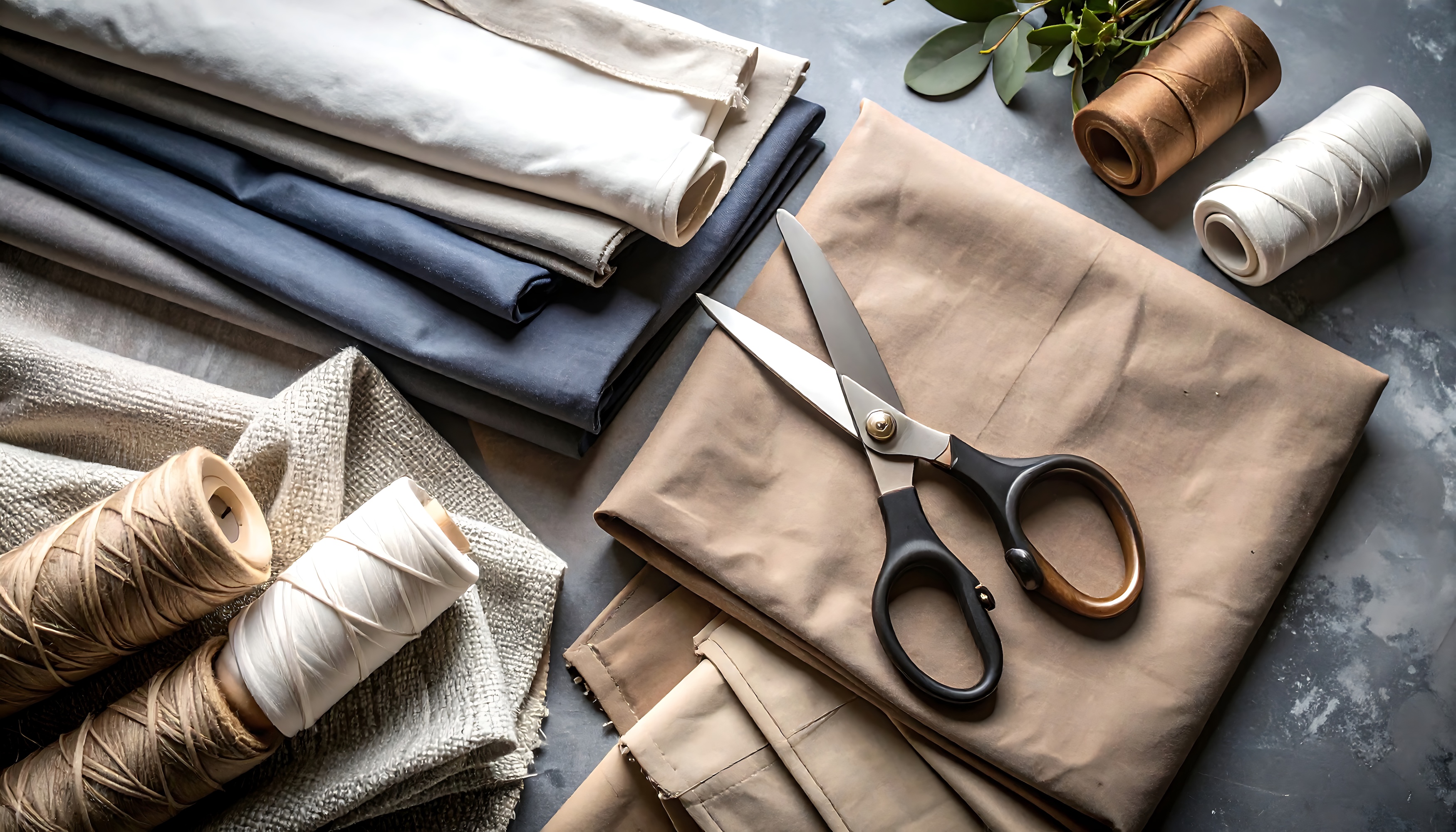 Cut-and-sew factory materials including fabric rolls, thread spools, and tailoring scissors on a worktable, representing textile manufacturing and fabric sourcing.