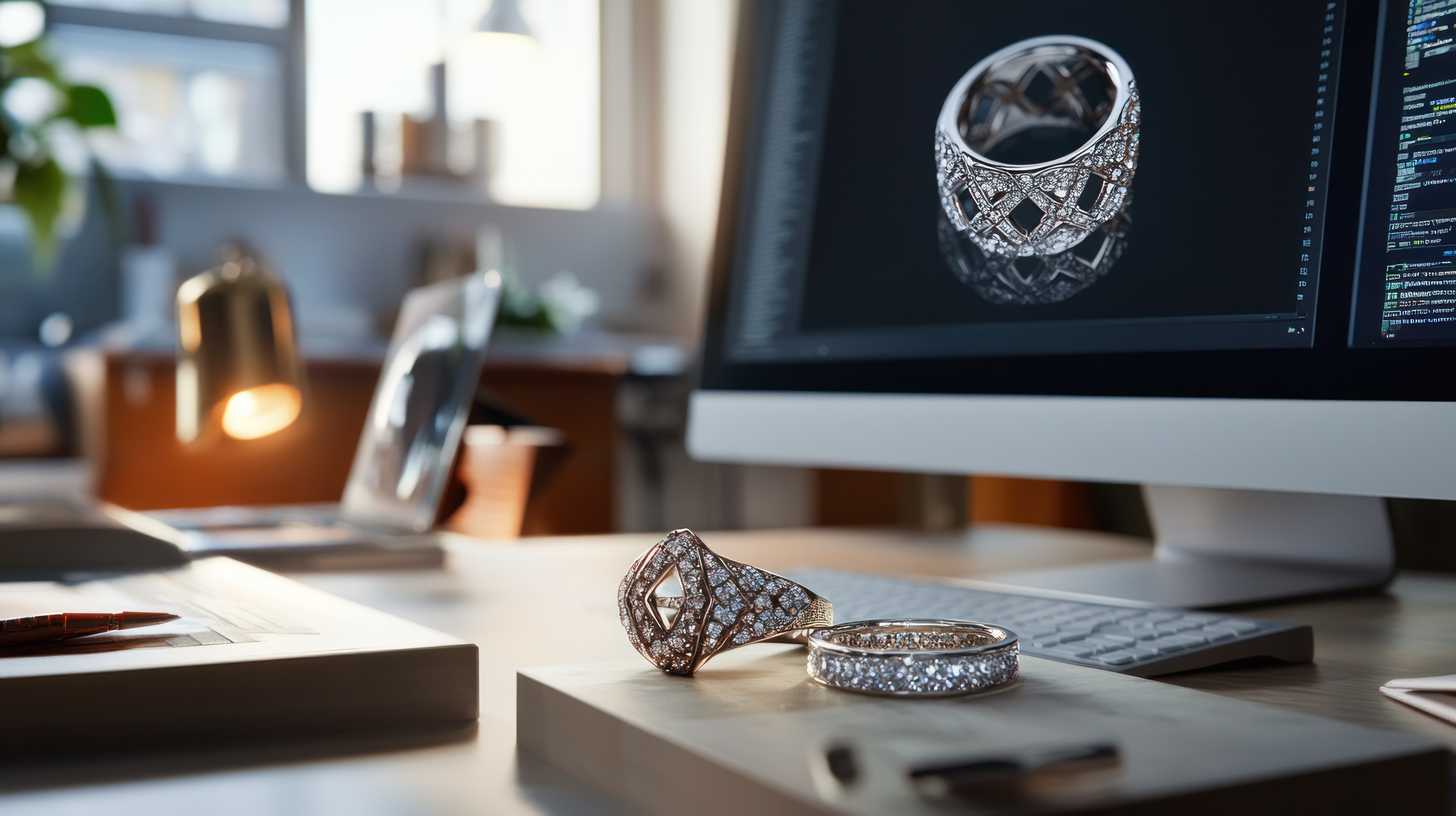 Cut-and-sew factory materials including fabric rolls, thread spools, and tailoring scissors on a worktable, representing textile manufacturing and fabric sourcing.