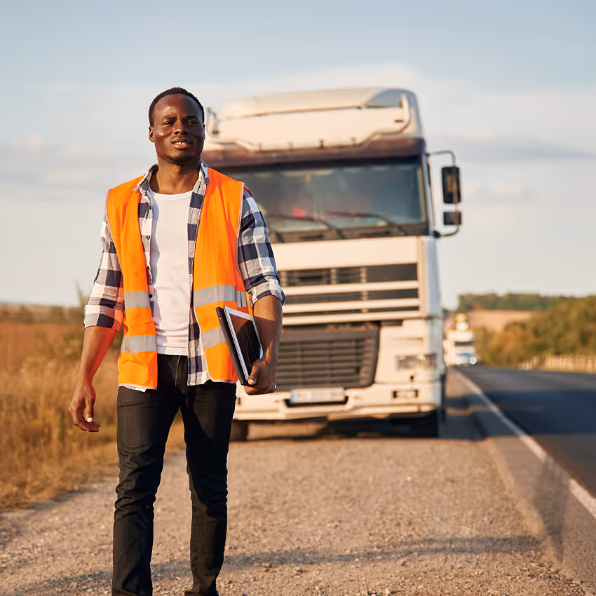 Man in an orange safety vest holding a tablet walking along the roadside with a large white truck parked behind him.