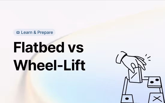 Text 'Flatbed vs Wheel-Lift' with 'Learn & Prepare' tag and a hand placing a piece on a tic-tac-toe board.