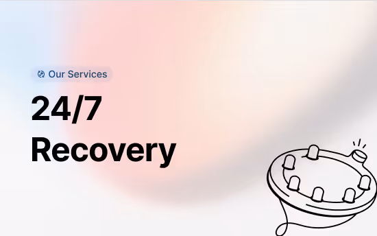 Text reading 'Our Services 24/7 Recovery' next to a simple line drawing of a tire with a flashing light.