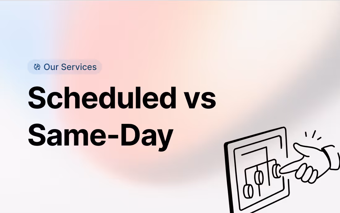 Text stating 'Scheduled vs Same-Day' with a hand pressing a button on a digital control panel illustration.