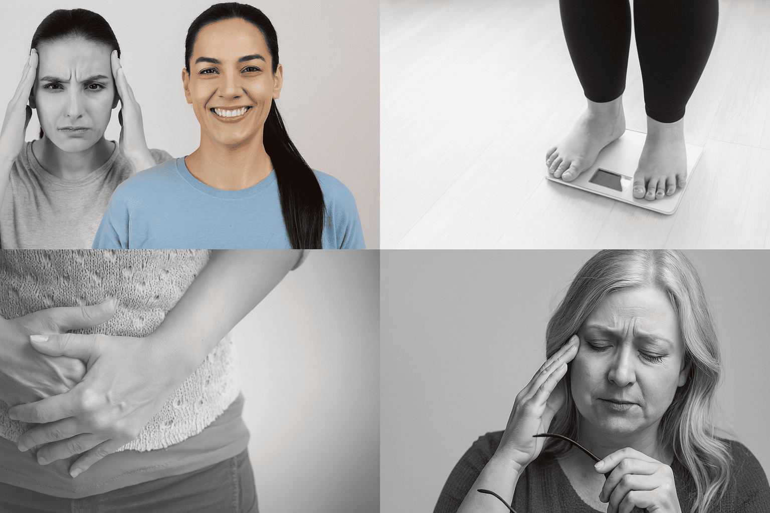 Collage showing two women holding their heads in pain, a person standing barefoot on a scale, and a person clutching their stomach, illustrating health and weight concerns.