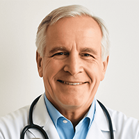 Smiling elderly male doctor with white hair wearing a white coat and stethoscope.