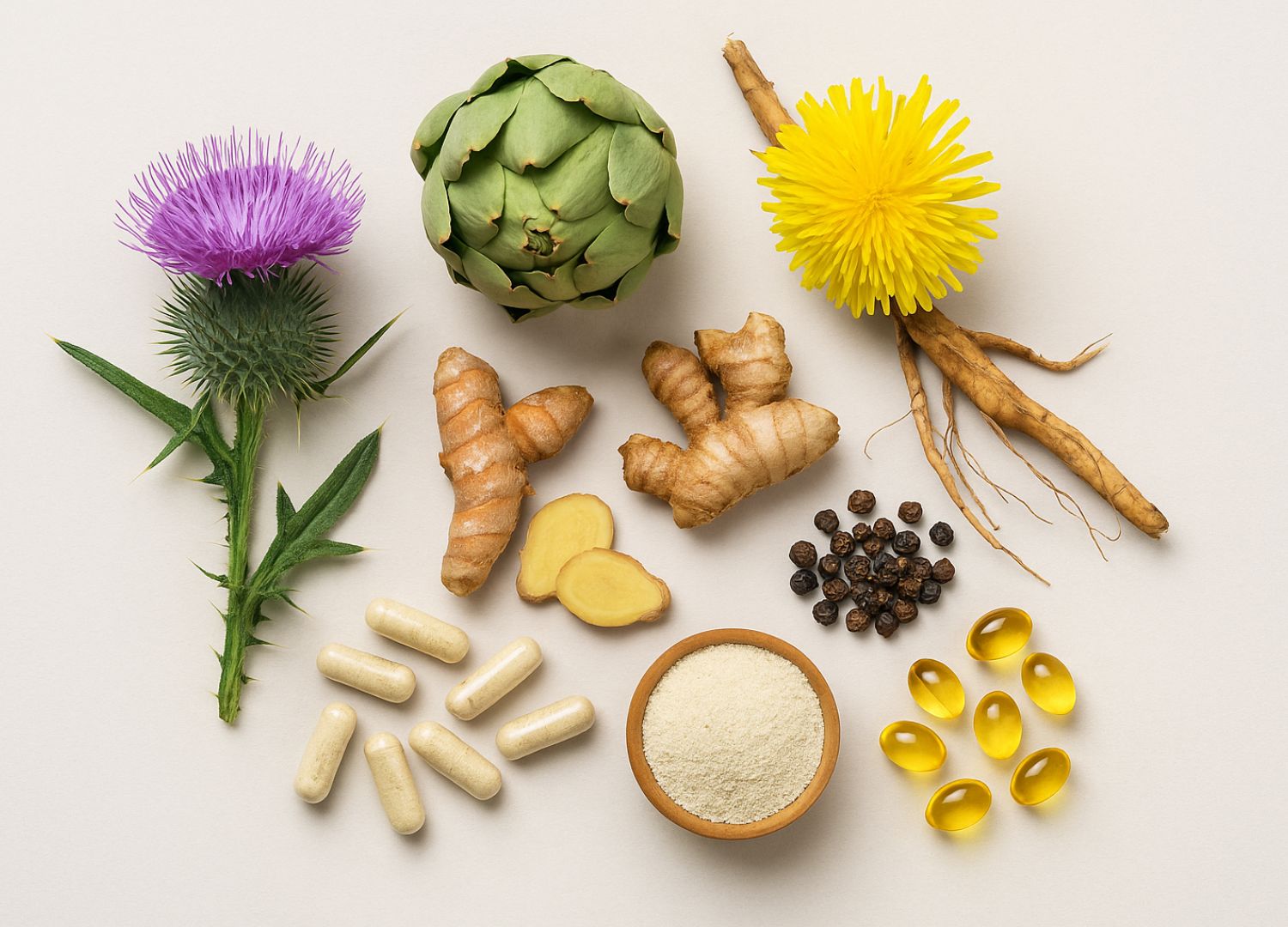 Milk thistle flower, artichoke, sliced ginger root, ginseng root with yellow flower, black peppercorns, beige capsules, powder in a wooden bowl, and yellow softgel capsules arranged on a light background.