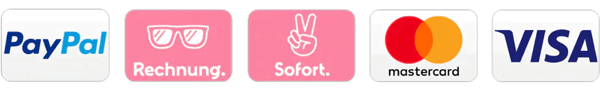 Payment method icons including PayPal, Rechnung with sunglasses, Sofort with peace sign, Mastercard, and Visa.