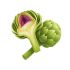Whole and cut artichoke showing green leaves and purple interior.
