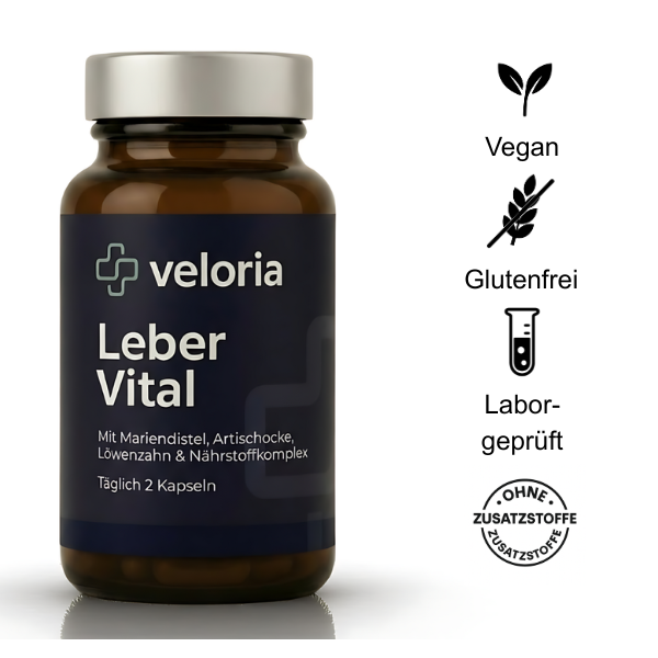 Brown glass bottle of Veloria Leber Vital capsules with text indicating ingredients milk thistle, artichoke, dandelion, nutrient complex, and daily dosage of 2 capsules, alongside icons for vegan, gluten-free, lab-tested, and no additives.