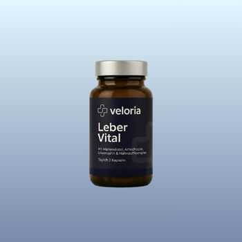 Brown glass bottle labeled Veloria Leber Vital supplement with a silver cap on a gradient blue background.