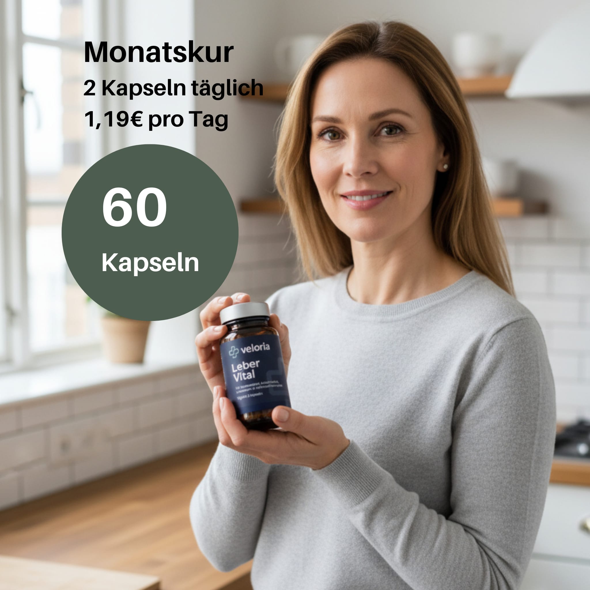 Smiling woman in a gray sweater holding a bottle of Veloria Leber Vital capsules in a bright kitchen.