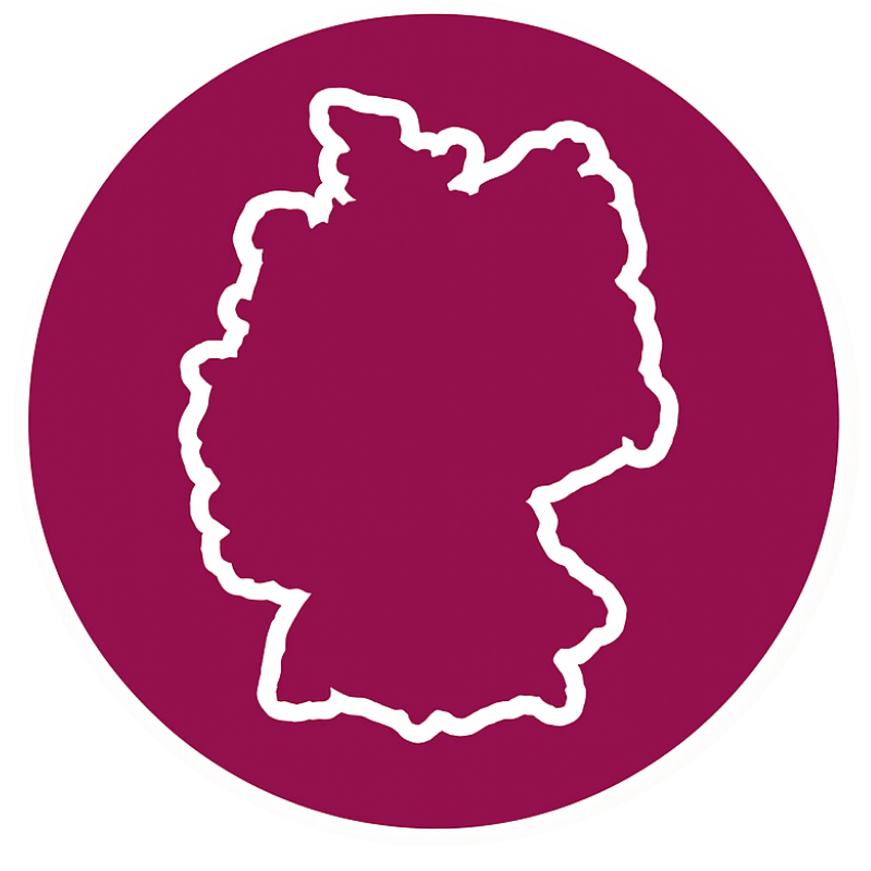 White outline of Germany's map on a dark magenta circular background.