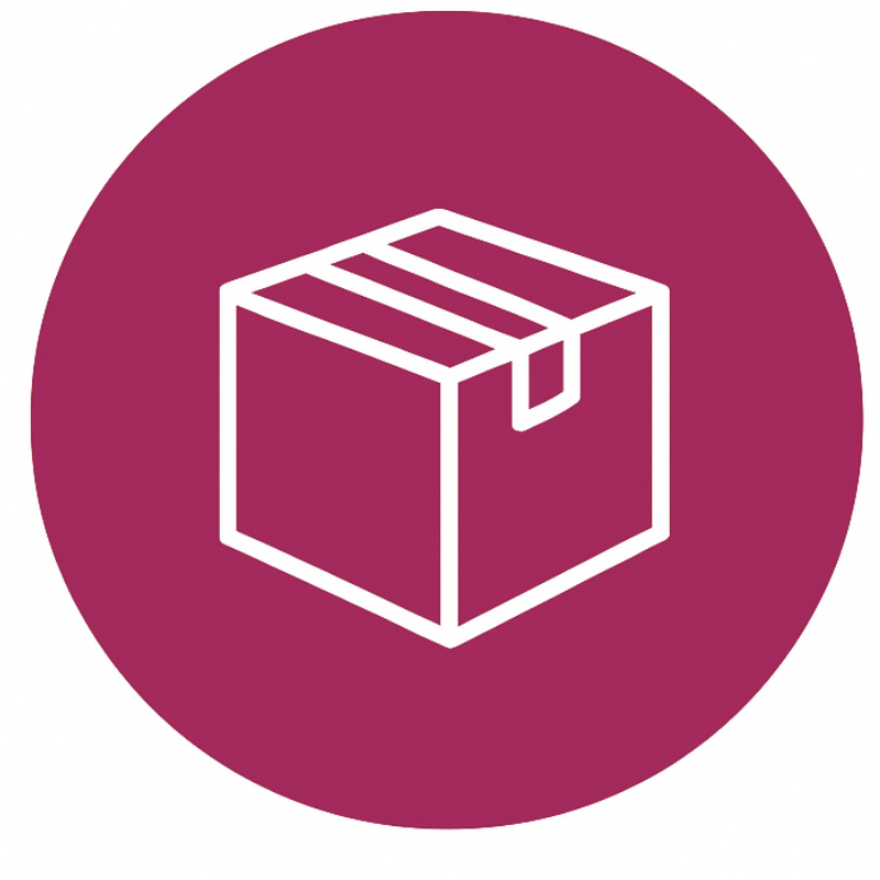 White outline of a closed cardboard box with tape on top, centered on a solid maroon circular background.