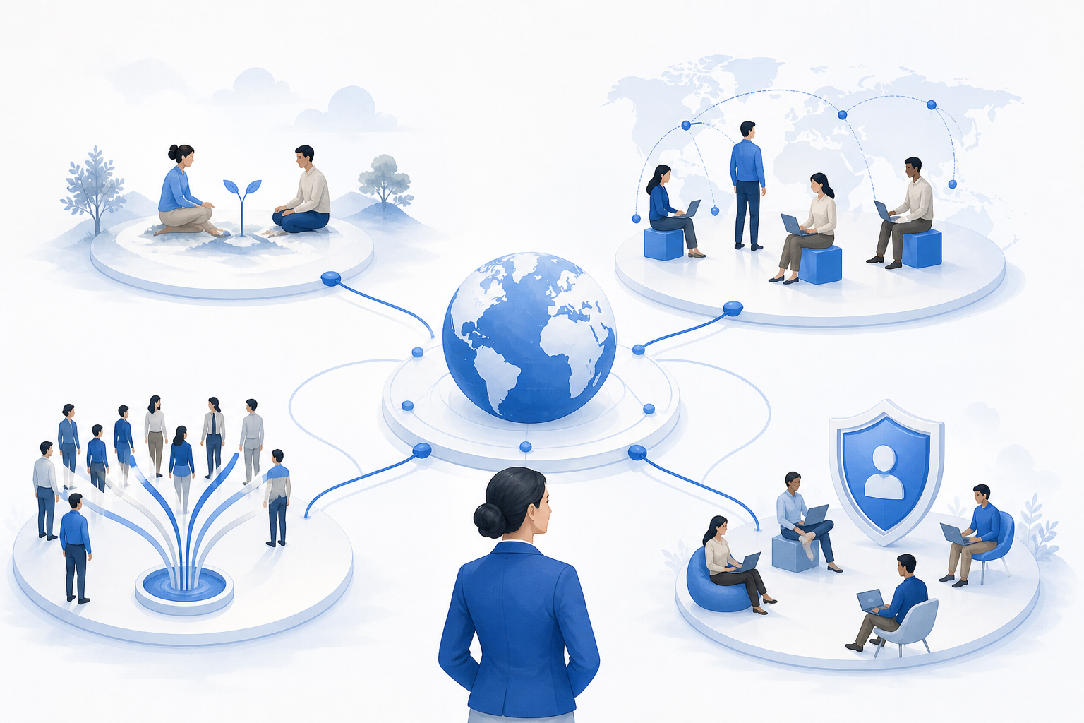 A central global employment hub connects startup, scaling, enterprise payroll, and contractor-management scenarios under coordinated human-led oversight.