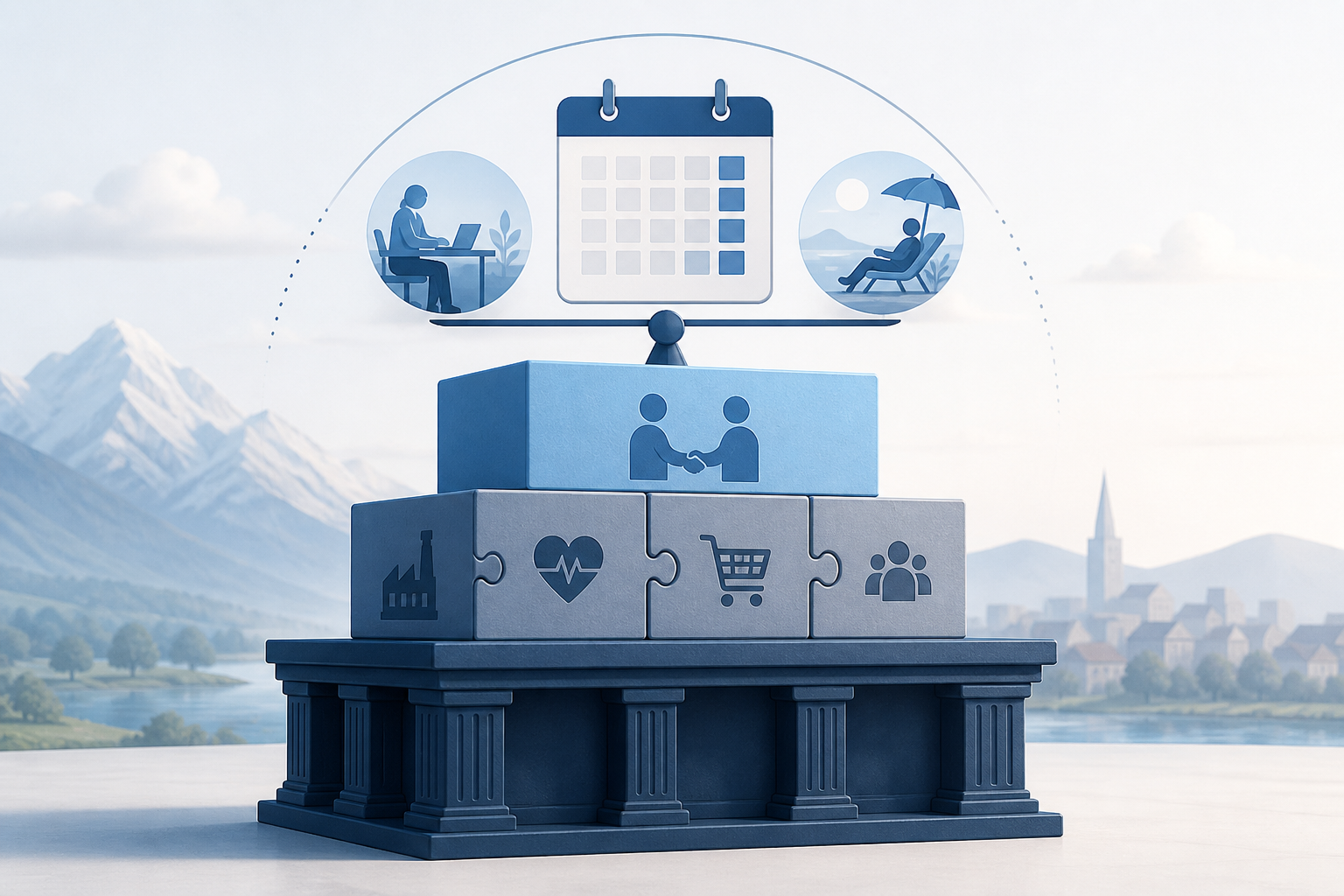 A layered stepped structure supporting a calendar and rest motif illustrates Austria’s hierarchy of statutory, collective-agreement, and individual-contract leave protections.