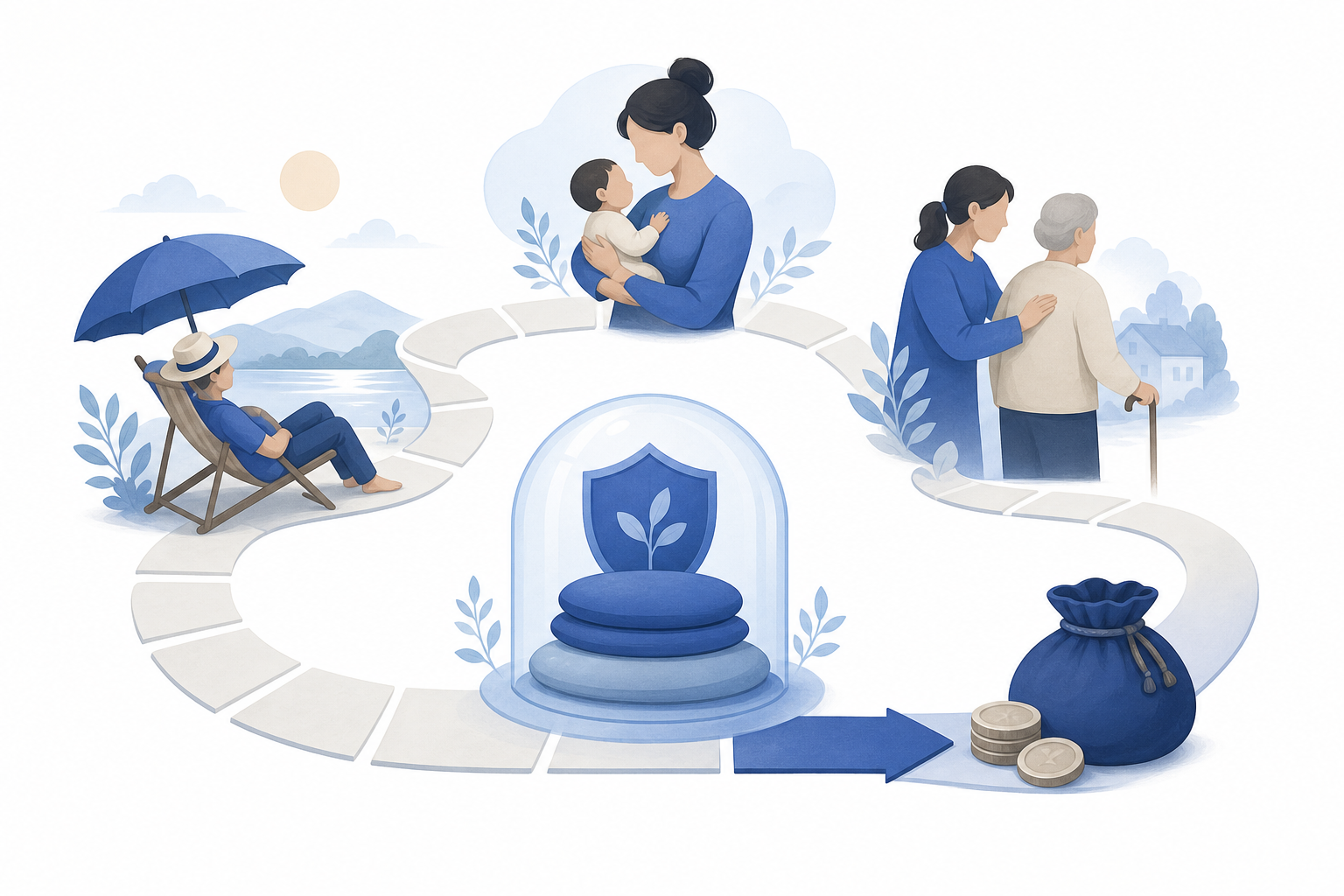 A continuous calendar path connects annual rest, family leave, care leave, carried-forward leave, and a final payout at the end of employment.