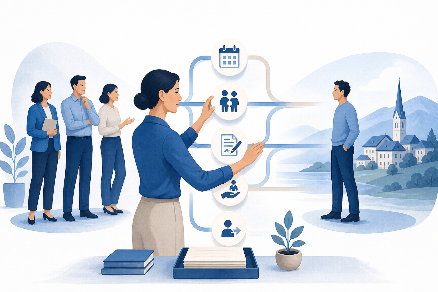 A central coordinator organizes leave, payroll, agreement, and offboarding records between a business team and an employee to represent structured Austrian employment compliance.