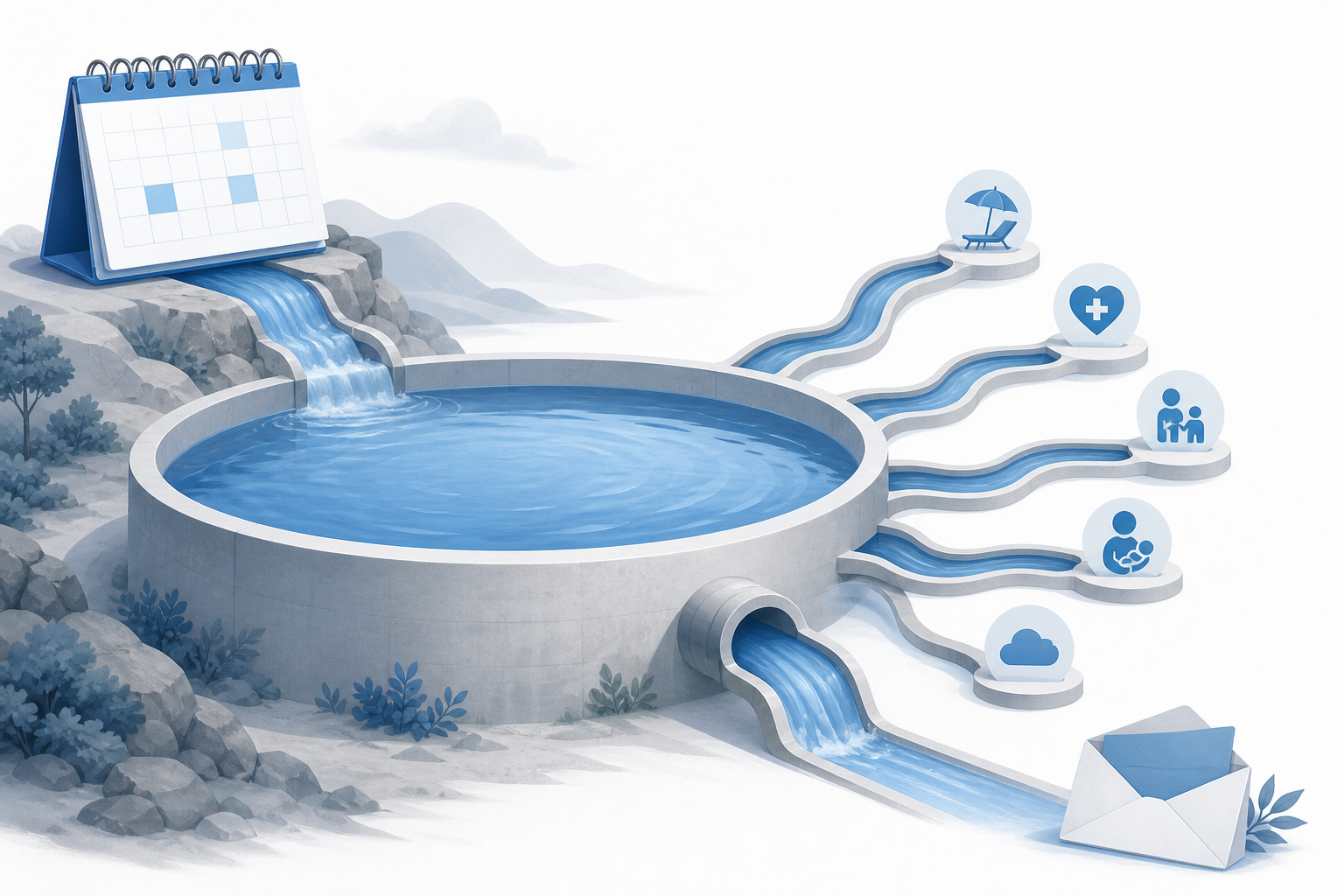 A reservoir filling from a calendar and flowing through several leave pathways toward a final payment envelope represents leave accrual and balance management.