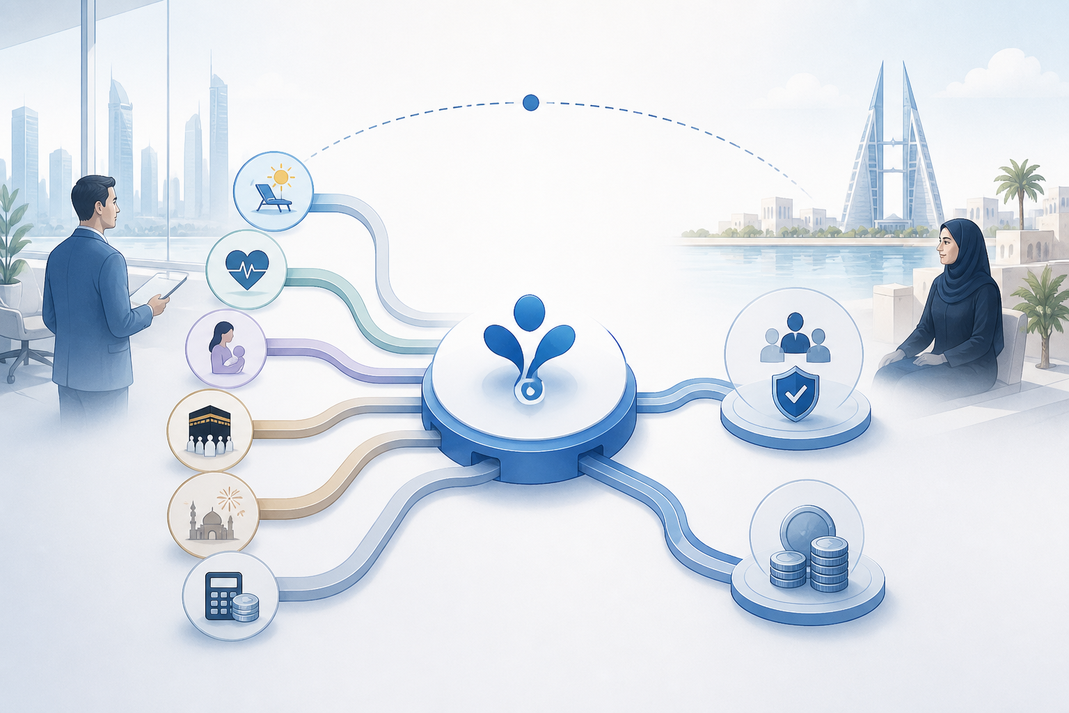 A centralized employment operations hub coordinates separate leave rules, payroll treatment, and records for a Bahrain employee.