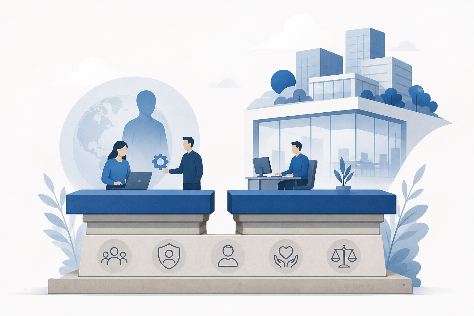 Two employment models rest on a shared foundation, with a service partner handling administration on one side and a local company managing it directly on the other.