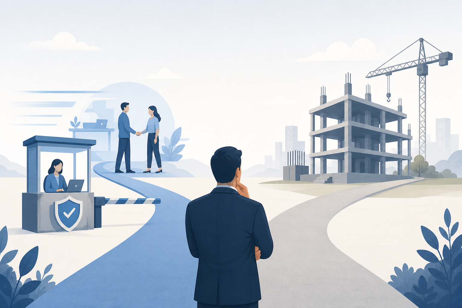 A business leader faces a choice between a fast supported hiring path with a compliance checkpoint and a slower path to building a local business structure.