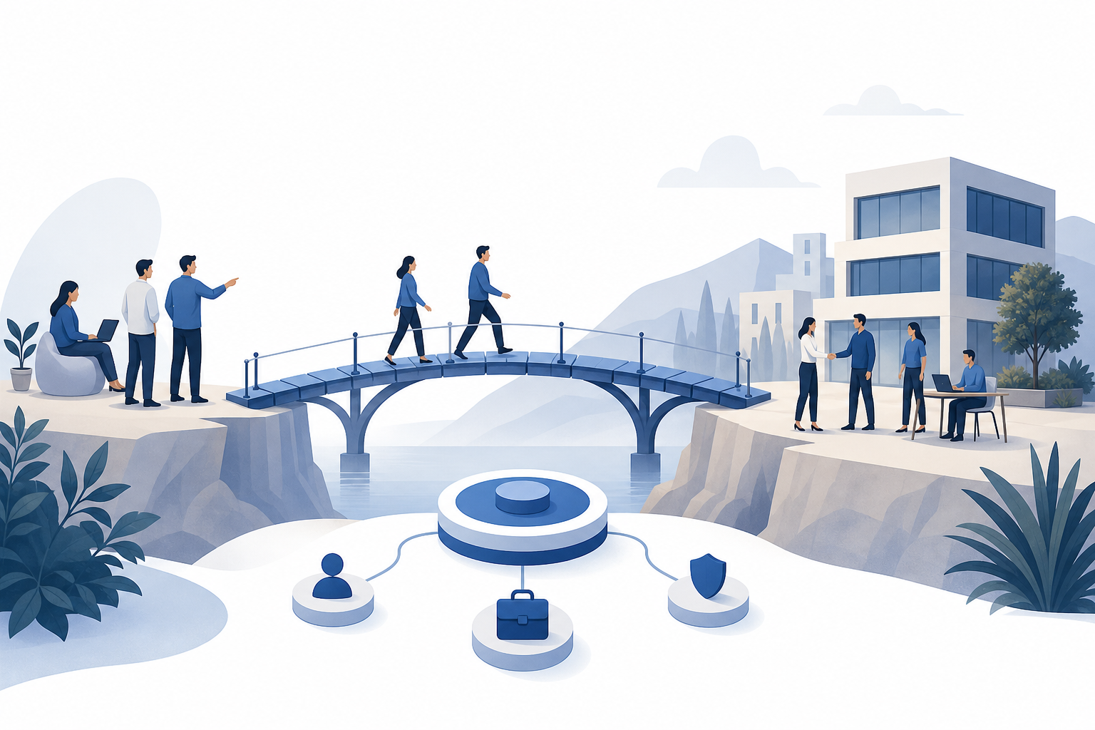 A growing company moves from flexible supported hiring toward a permanent local office, connected by a central employment operations hub.