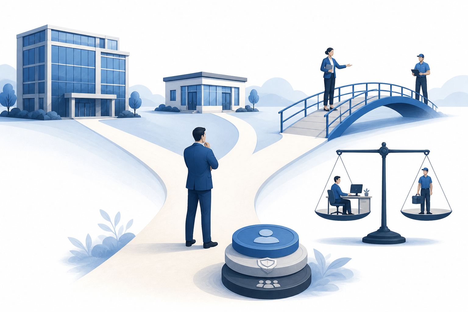 A business leader considers three routes to employ an Australian worker, with a scale distinguishing employment from independent work and layered employment costs below.