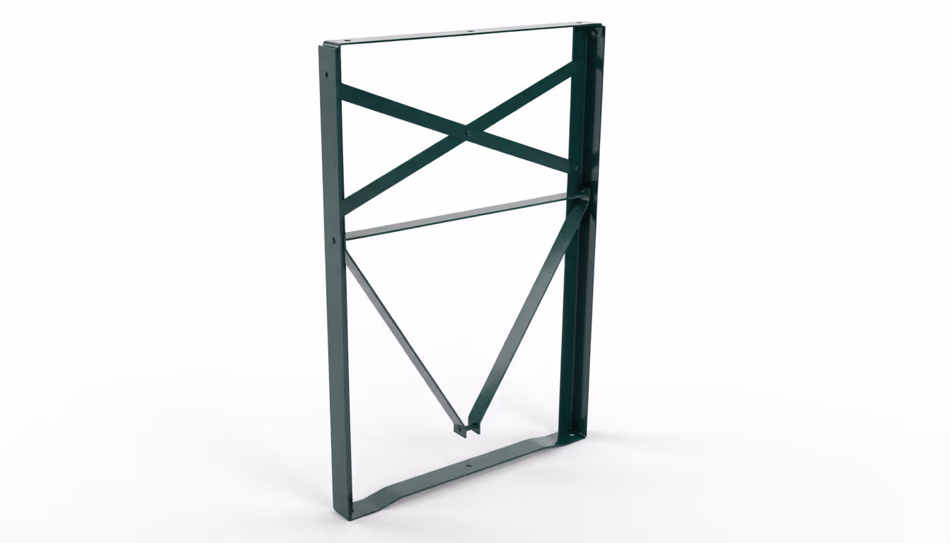 Green metal frame with cross braces and angled support, standing upright on a white background.