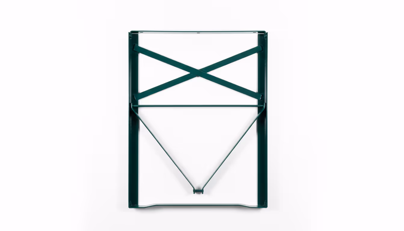 Dark green metal frame with diagonal and vertical support bars, isolated on white background.